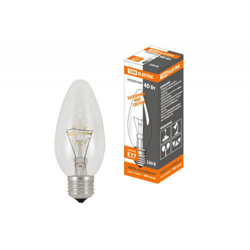 Лампа накаливания ЛОН 40Вт Е27 230В свеча прозрачная | SQ0332-0010 | TDM