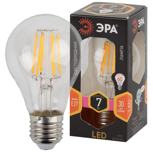 Лампа светодиодная F-LED A60-7W-827-E27 (филамент, груша, 7Вт, тепл, Е27) | Б0043432 | ЭРА