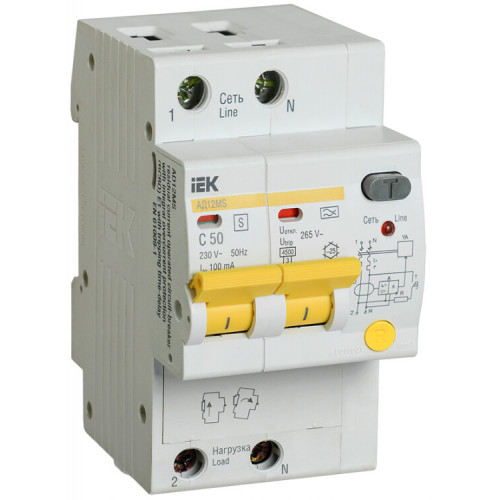 Выключатель автоматический дифференциального тока АД12MS 2п 50А C 100мА тип A (3 мод) | MAD123-2-050-C-100 | IEK