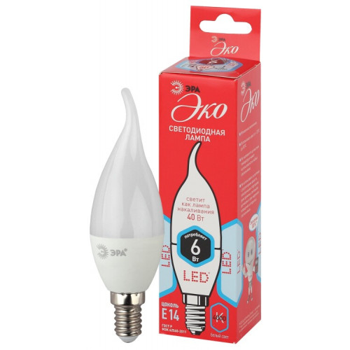 Лампа светодиодная RED LINE ECO LED BXS-6W-840-E14 6Вт свеча на ветру нейтральный белый свет | Б0040882 | ЭРА