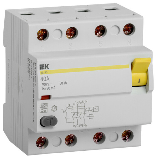 Выключатель дифференциальный (УЗО) ВД1-63 4п 40А 30мА тип A | MDV11-4-040-030 | IEK