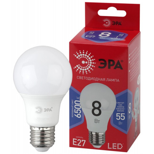 Лампа светодиодная ЭКО LED A60-8W-865-E27 R (диод, груша, 8Вт, хол, E27) | Б0048502 | ЭРА