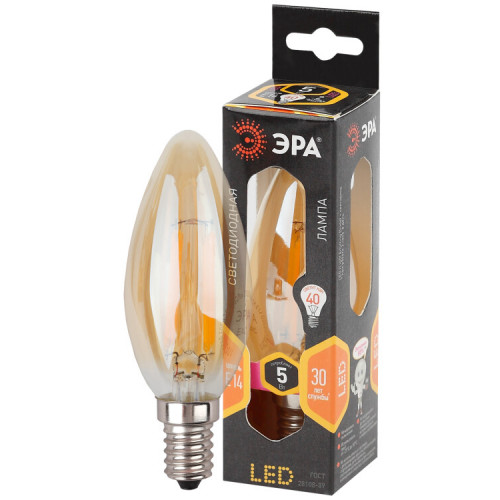 Лампа светодиодная F-LED B35-5W-827-E14 gold Лампы СВЕТОДИОДНЫЕ F-LED ЭРА (филамент, свеча золот., 5Вт, тепл, E14) | Б0027939 | ЭРА