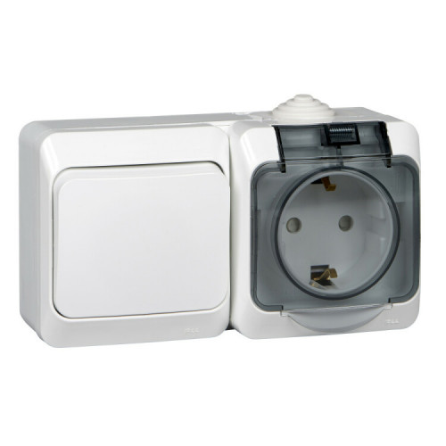 ЭТЮД О/У Белый Блок: Розетка с/з со шторками + выключатель 1-клавишный IP44 | BPA16-241B | Schneider Electric