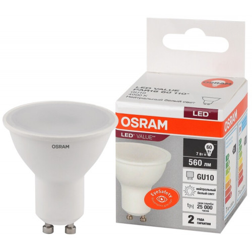 Лампа светодиодная LED Value PAR16 7W/840 230V GU10 10X1 | 4058075581586 | OSRAM