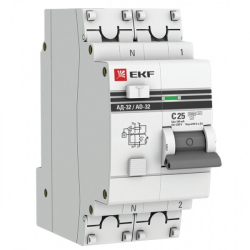 Выключатель автоматический дифференциального тока АД-32 1п+N 25А C 100мА тип AC PROxima (электронный) | DA32-25-100-pro | EKF