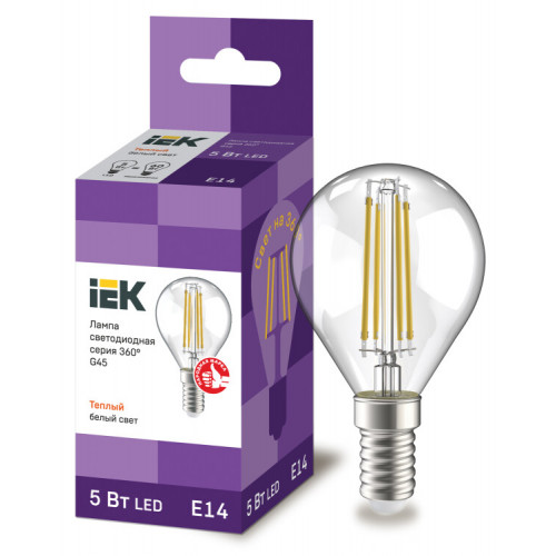 Лампа светодиодная G45 шар прозрачная 5Вт 230В 3000К E14 серия 360° | LLF-G45-5-230-30-E14-CL | IEK