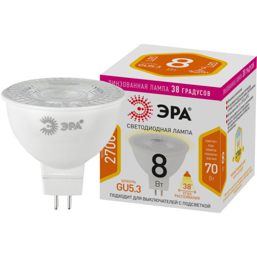 Лампа светодиодная STD LED Lense MR16-8W-827-GU5.3 GU5.3 8Вт линзованная софит теплый белый свет | Б0054938 | ЭРА