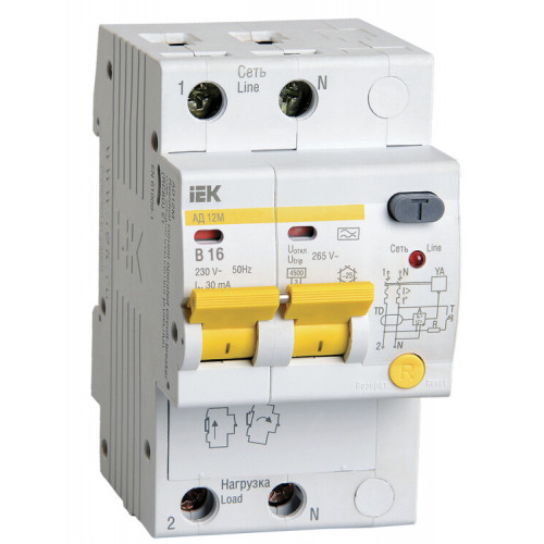 Выключатель автоматический дифференциального тока АД12М 2п 16А B 30мА тип A (3 мод) | MAD12-2-016-B-030 | IEK