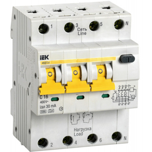 Выключатель автоматический дифференциального тока АВДТ 34 3п+N 16А C 30мА тип A | MAD22-6-016-C-30 | IEK