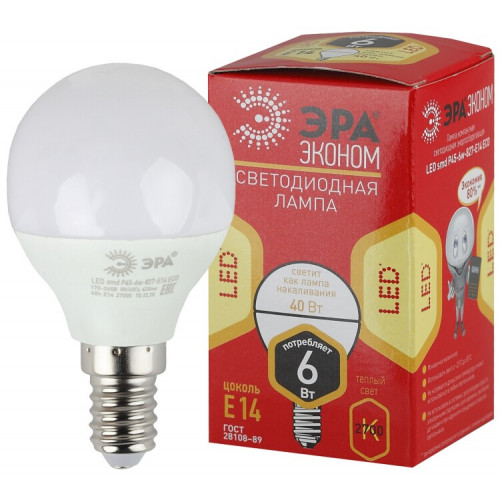 Лампа cветодиодная ECO LED P45-6W-827-E14 (диод, шар, 6Вт, тепл, E14) (10/100/4000) | Б0020626 | ЭРА