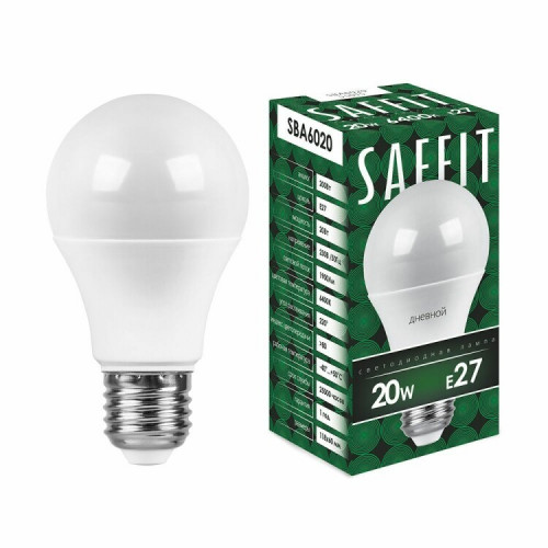 Лампа светодиодная SBA6020 20W 6400K 230V E27 A60 | 55015 | SAFFIT