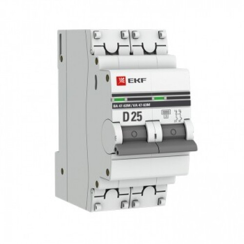 Выключатель автоматический двухполюсной 2P 25А (D) 6кА ВА 47-63M c электромагнит. расцепителем PROxima | mcb4763m-6-2-25D-pro | EKF