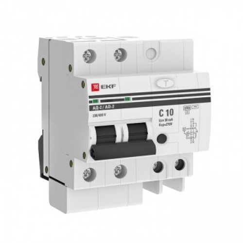 Выключатель автоматический дифференциального тока АД-2 10А/ 30мА (характеристика C, AC, электронный, защита 270В) 6кА PROxima | DA2-6-10-30-pro | EKF