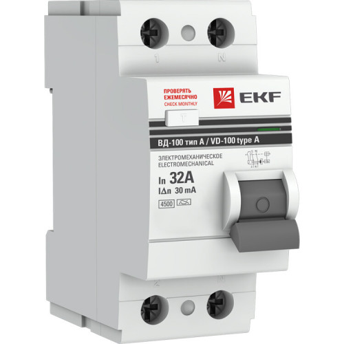 Выключатель дифференциальный (УЗО) ВД-100 2P 32А/30мА (тип А, электромехническое) 6кА PROxima | elcb-2-32-30-em-a-pro | EKF
