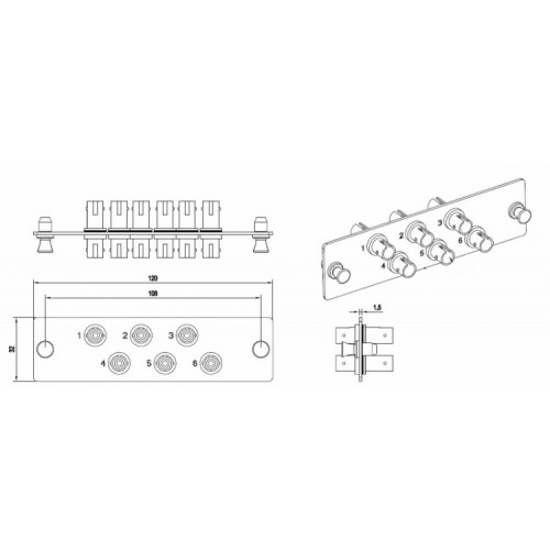 Панель FO-FPM-W120H32-6ST-MM для FO-19BX с 6 ST адаптерами, 6 волокон, многомод OM2/OM3/OM4, 120x32 мм | 54209 | Hyperline