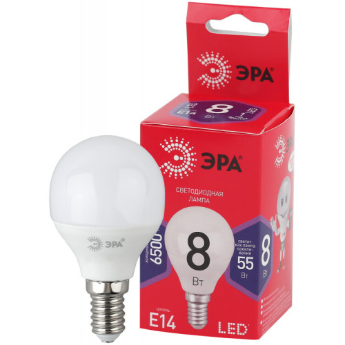 Лампа светодиодная RED LINE LED P45-8W-865-E14 R E14 / Е14 8Вт шар холодный дневной свет | Б0045358 | ЭРА