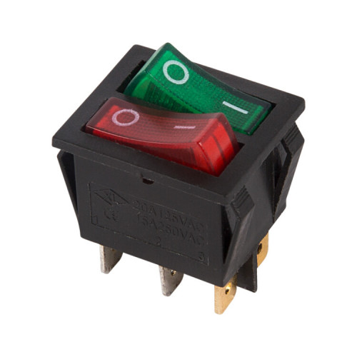 Выключатель клавишный 250V 15А (6с) ON-OFF красный/зеленый с подсветкой ДВОЙНОЙ | 36-2450 | REXANT