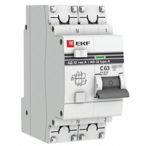 Выключатель автоматический дифференциального тока АД-32 1п+N 63А C 30мА тип A PROxima | DA32-63-30-a-pro | EKF