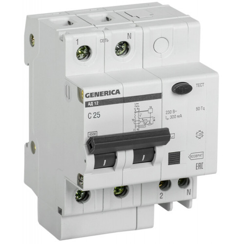 Выключатель автоматический дифференциального тока АД12 GENERICA 2п 25А C 300мА тип AC (4 мод) | MAD15-2-025-C-300 | IEK