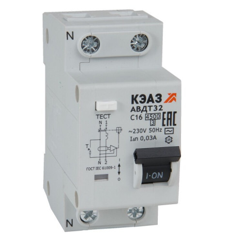 Автоматический выключатель дифференциального тока АВДТ32-22C16-AC-УХЛ4 (2P, C16, 30mA) 4,5кА| 318361 | КЭАЗ