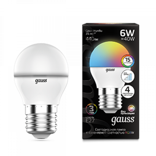 Лампа светодиодная Шар G45 6W E27 RGBW+димирование LED 1/100 | 105102406 | Gauss
