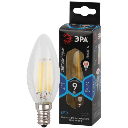 Лампа светодиодная F-LED F-LED B35-9w-840-E14 (филамент, свеча, 9Вт, нейтр, E14) | Б0046995 | ЭРА