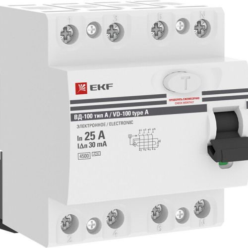 Выключатель дифференциальный (УЗО) ВД-100 4P 25А/30мА (тип А, электромеханическое) PROxima | elcb-4-25-30-em-a-pro | EKF