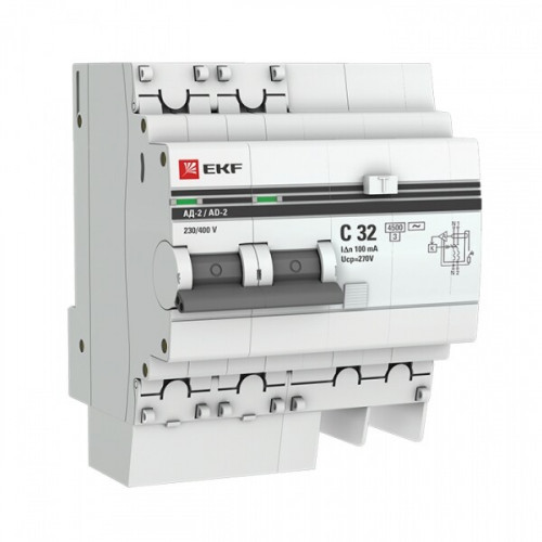 Выключатель автоматический дифференциального тока АД-2 2п 32А C 100мА тип AC (4 мод.) PROxima (электронный) | DA2-32-100-pro | EKF
