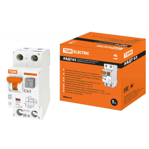 Выключатель автоматический дифференциального тока АВДТ 63 1п+N 63А C 30мА тип A | SQ0202-0012 | TDM