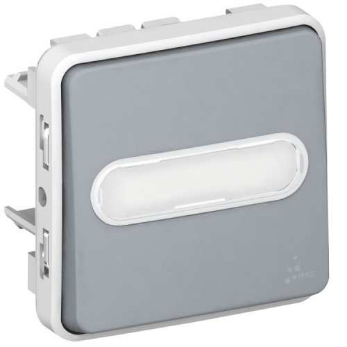 Plexo Серый Выключатель 1-клавишный кнопочный с подсв. НО контакт с держателем этикетки 10A IP55 | 069543 | Legrand