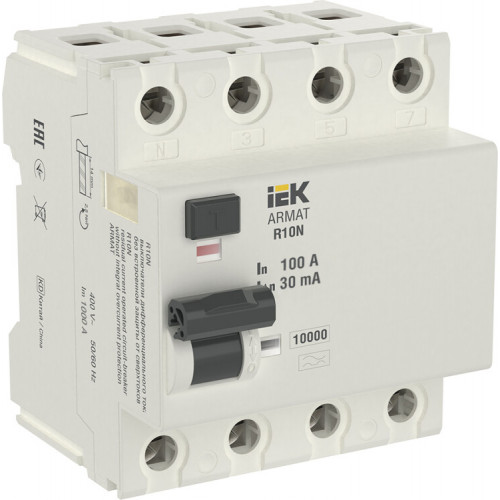 Выключатель дифференциальный (УЗО) R10N 4P 100А 30мА тип AC ARMAT | AR-R10N-4-100C030 | IEK