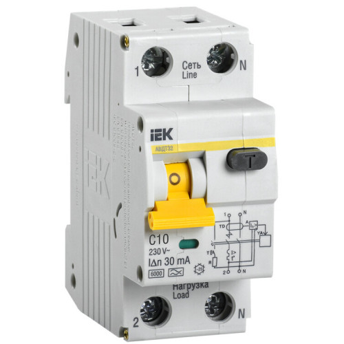 Выключатель автоматический дифференциального тока АВДТ 32 1п+N 10А C 30мА тип A | MAD22-5-010-C-30 | IEK