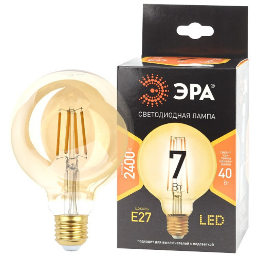 Лампа светодиодная F-LED G95-7W-824-E27 gold (филамент, шар зол, 7Вт, тепл, E27) (20/420) | Б0047662 | ЭРА
