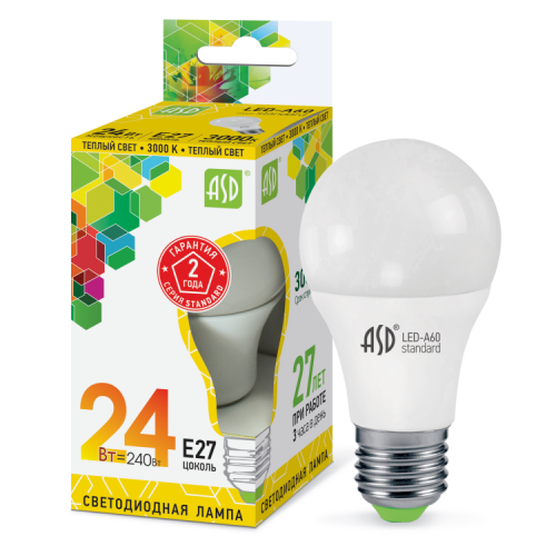 Лампа светодиодная LED-A65-standard 24Вт 230В Е27 3000К 2160Лм | 4690612014265 | ASD