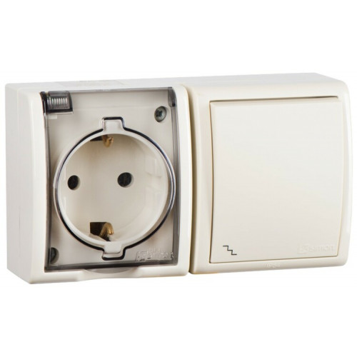 Блок IP54. Розетка с крышкой и заземлением Schuko 2Р+Е 16A + Переключатель (проходной) 10AX 250В цвета слоновая кость S15 Aqua | 1594516-031 | Simon