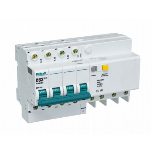 Выключатель автоматический дифференциального тока ДИФ-101 4п 60А C 30мА тип AC (8 мод) | 15026DEK | DEKraft