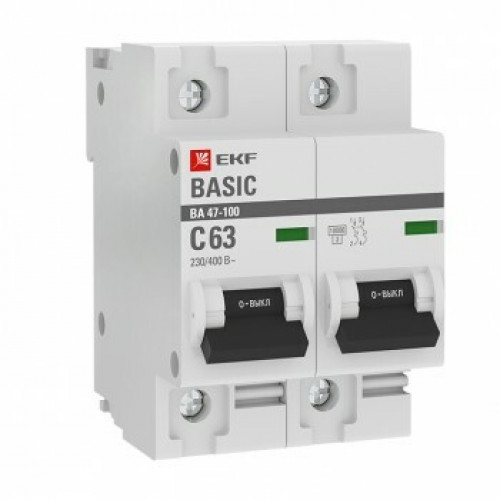Выключатель автоматический двухполюсной 2P 63А (C) 10kA ВА 47-100 EKF Basic | mcb47100-2-63C-bas | EKF