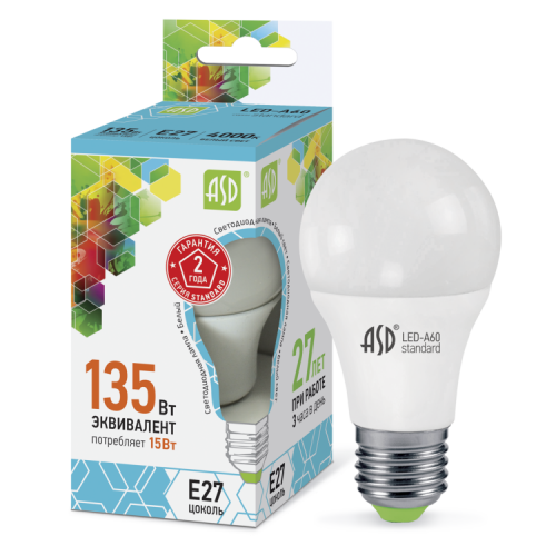 Лампа светодиодная LED-A60-standard 15Вт 230В Е27 4000К 1350Лм | 4690612002101 | ASD