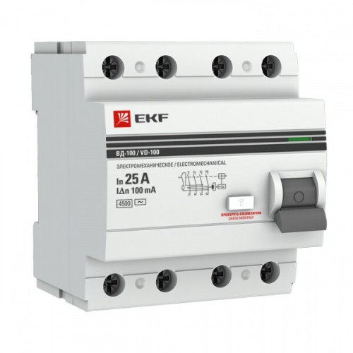Выключатель дифференциальный (УЗО) ВД-100 4P 25А/100мА (тип АС, электромеханическое) PROxima | elcb-4-25-100-em-pro | EKF