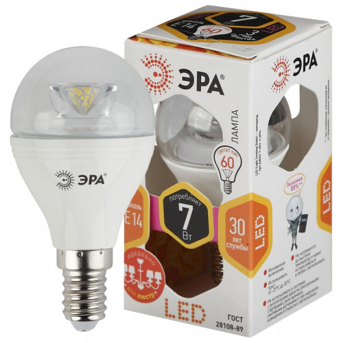 Лампа светодиодная LED P45-7W-827-E14-Clear (диод,шар,7Вт,тепл, E14) | Б0017241 | ЭРА