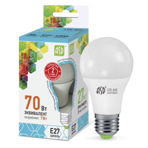 Лампа светодиодная LED-A60-standard 7Вт 230В Е27 4000К 630Лм | 4690612001678 | ASD