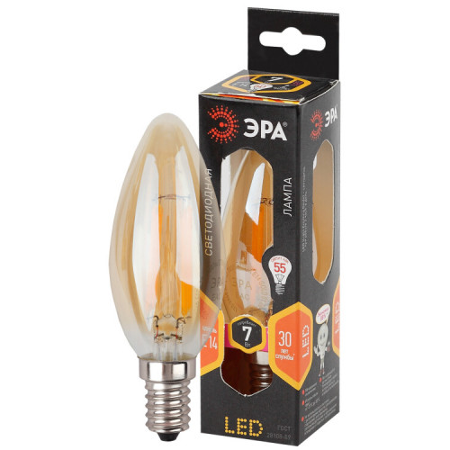 Лампа светодиодная F-LED B35-7W-827-E14 gold (филамент, свеча золот., 7Вт, тепл, E14) |Б0027964 | ЭРА
