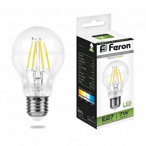 Лампа светодиодная LB-57 (7W) 230V E27 4000K филамент A60 прозрачная | 25570 | FERON