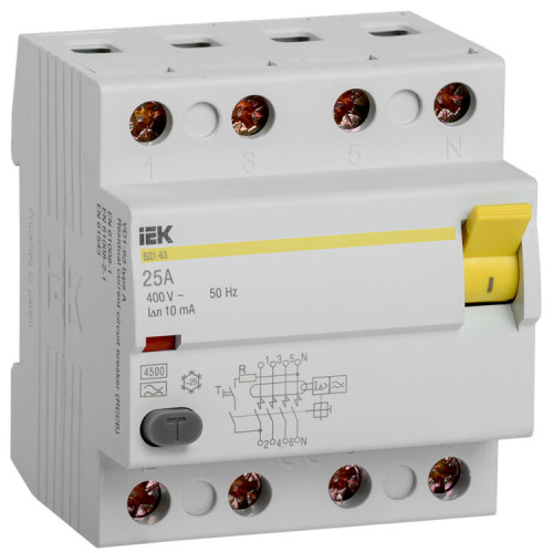 Выключатель дифференциальный (УЗО) ВД1-63 4Р 25А 10мА тип А | MDV11-4-025-010 | IEK