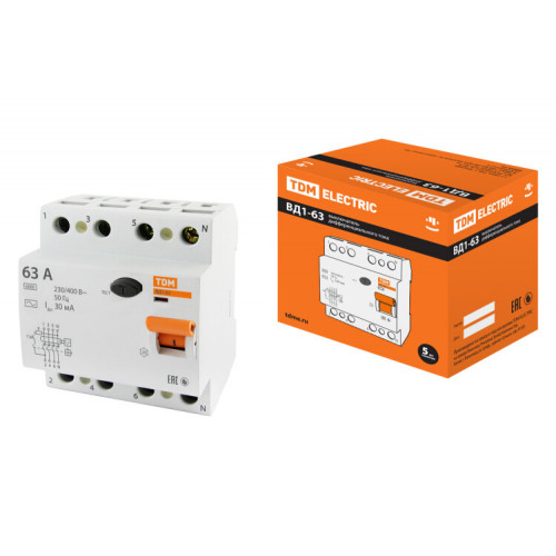 Выключатель дифференциальный (УЗО) ВД1-63 4п 63А 30мА тип AC | SQ0203-0044 | TDM