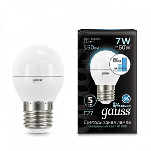 Лампа светодиодная LED 7Вт E27 220В 4100К шар, диммируемая | 105102207-S | Gauss