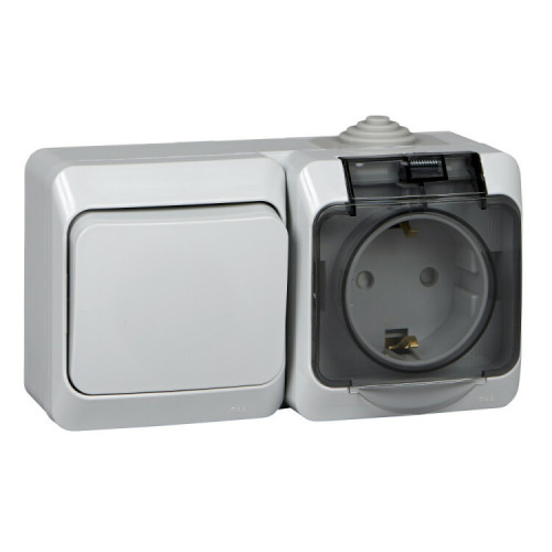ЭТЮД О/У Серый Блок Выключатель 1-клавишный + розетка с/з со шторками IP44 | BPA16-241C | SE