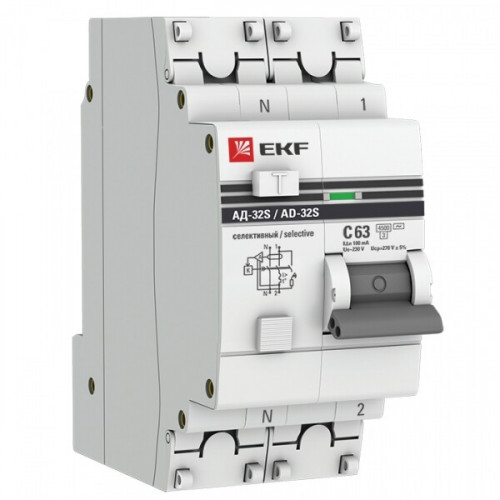 Выключатель автоматический дифференциального тока АД-32 (селективный) 1п+N 63A C 100мА тип AC PROxima | DA32-63-100S-pro | EKF