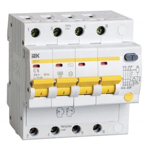 Выключатель автоматический дифференциального тока АД14 4п 6А C 10мА тип AC (5 мод) | MAD10-4-006-C-010 | IEK